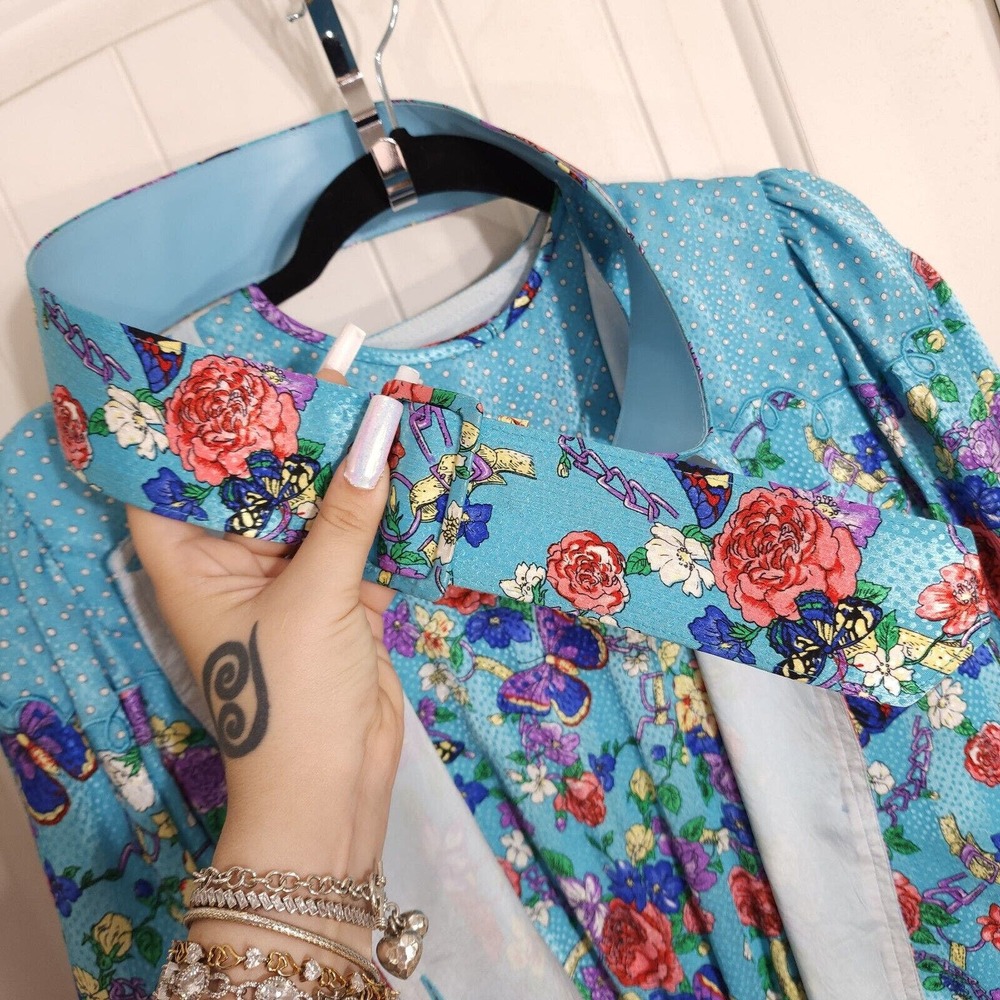Diane Freis Womens Dress Jacket Set Vtg Georgette Blue Polka Dot Floral Maxi 6 - Picture 8 of 16